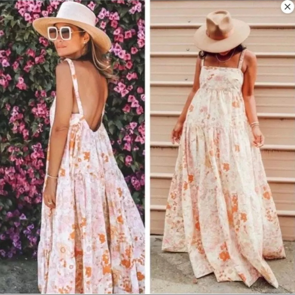 Free People Cream Floral Maxi Dress with Orange Accents